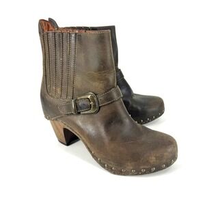Dansko Brown Leather Studded Clog Ankle Boots Wood Heel Buckle Strap Womens 39